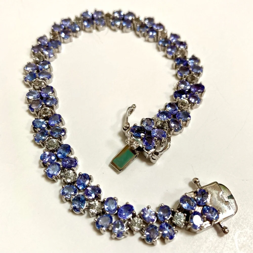 Elegant 925 Sterling Silver Tanzanite & Diamond Chip Floral Bracelet - Picture 1 of 6
